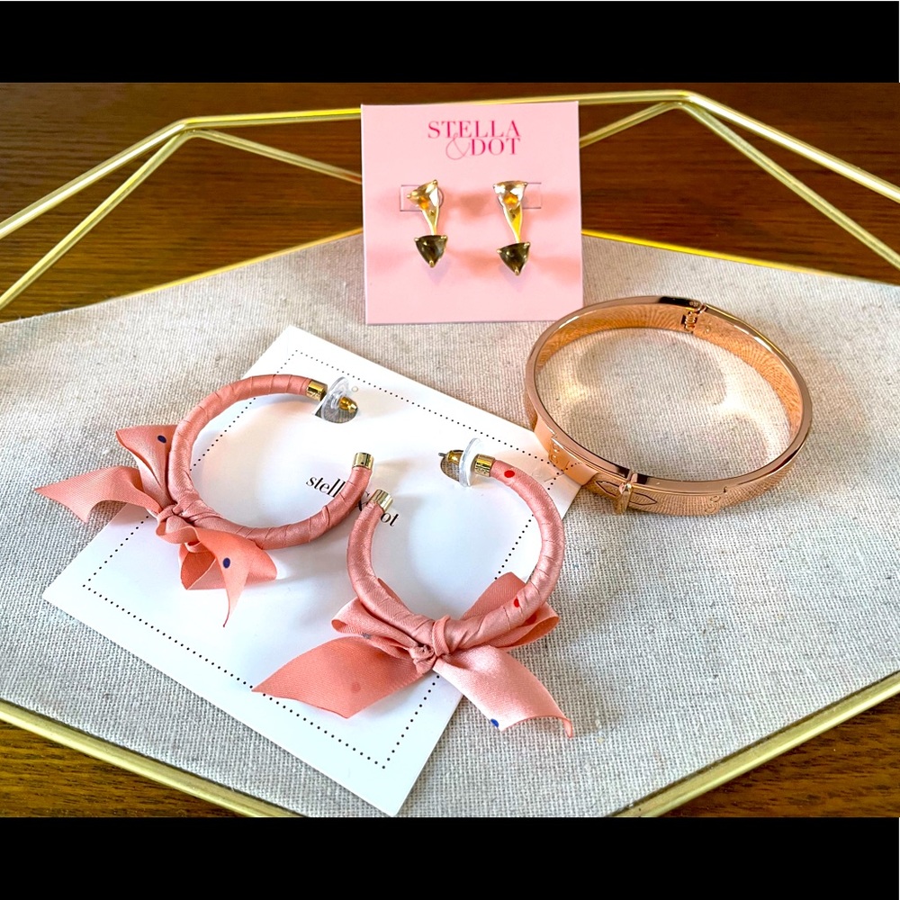 Stella & Dot ribbon hoop earrings, rose gold bracelet, & gold behind earrings
